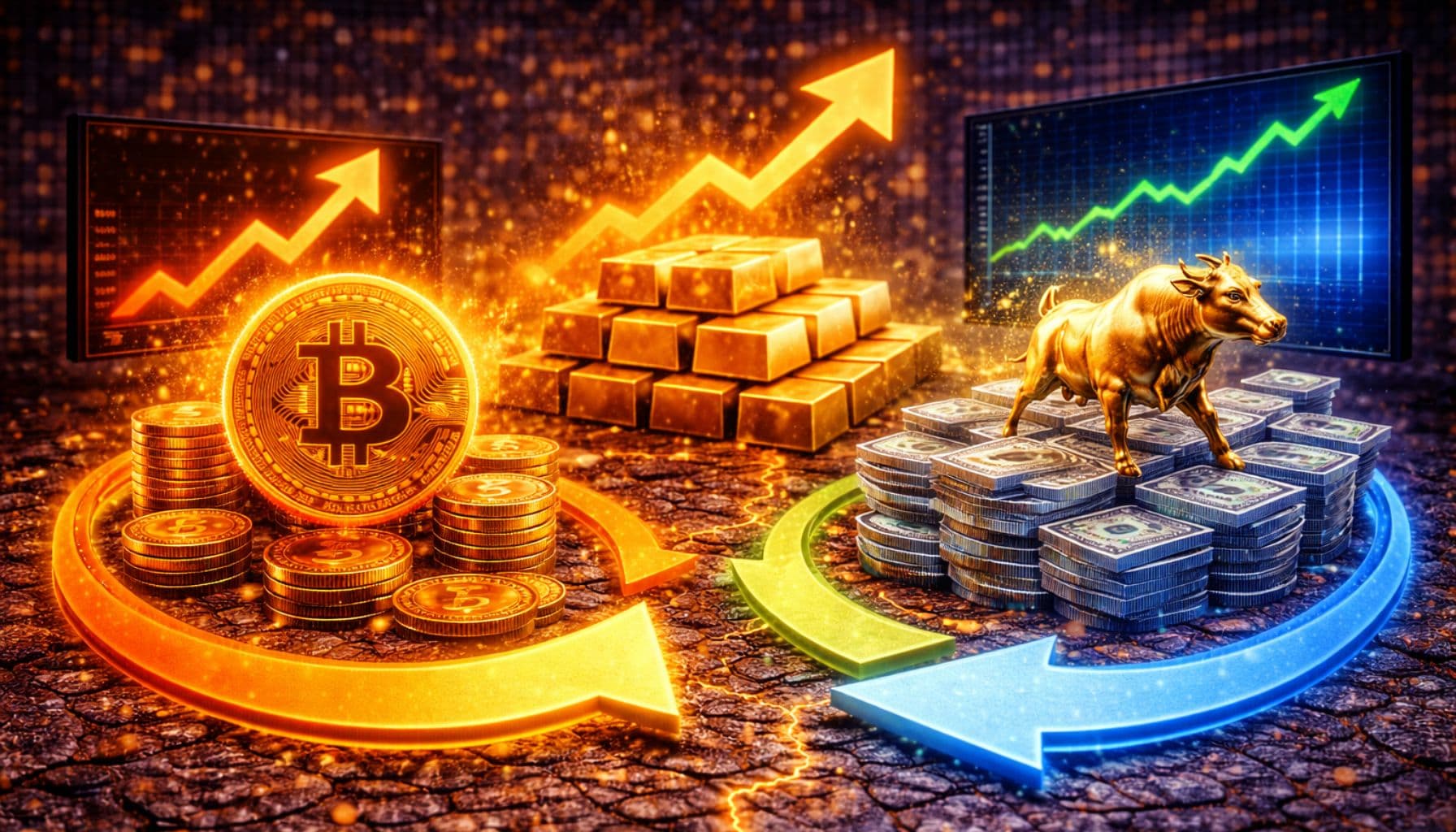Bitcoin se rezaga frente al oro y acciones en movimientos de capital